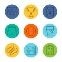 basket utrustning linjära ikoner set. skjorta, trofé, fält, shorts, boll, båge, skor, resultattavla, spelplan. tunna linjekontursymboler på färgcirklar. vektor illustrationer