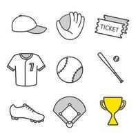 Baseball-Ausrüstung lineare Symbole gesetzt. Ausrüstung des Softballspielers. Spielkarten, Mütze, Goldtrophäe, Schläger, Ball, Hemd, Schuh, Feld, Handschuh. dünne Linienkontursymbole. isolierte vektorillustrationen vektor