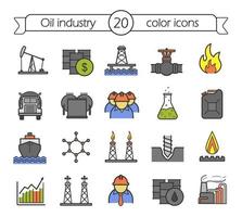 Ölindustrie Farbsymbole gesetzt. Ölplattform, Tanker, Lagerung, Arbeiter, Fass, Frachtschiff, Gaspipeline, Flamme, Benzinhandel, Bohrer. isolierte Vektorgrafiken vektor