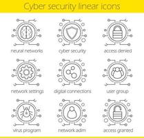 Lineare Symbole für Cybersicherheit festgelegt. digitale Technologie und Cloud-Computing-Konzepte. neuronale Netze, Zugang, Einstellungen, digitale Verbindungen, Admin, Benutzer, Virus. dünne Linie. isolierte vektorillustrationen vektor