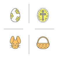 Ostern-Farbsymbole gesetzt. Kirchenkruzifix mit Licht herum, Osterhase, Ei mit Blumenmuster, Korb. isolierte vektorillustrationen vektor