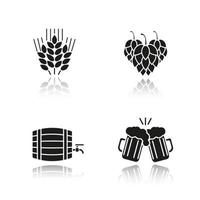 Bier Schlagschatten schwarze Symbole gesetzt. Hopfenzapfen, Weizenähren, Toastbiergläser, Alkoholholzfass. isolierte vektorillustrationen vektor