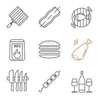grill linjära ikoner set. bbq. handgrill, bacon, grillad fisk, kol, smörgås, kycklingben, knivset, shish kebab, vin. tunn linje kontur symboler. isolerade vektor kontur illustrationer