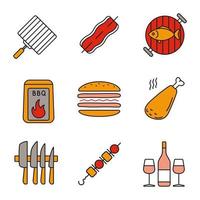 grill färg ikoner set. bbq. handgrill, bacon, grillad fisk, kol, smörgås, kycklingben, knivset, shish kebab, vin. isolerade vektorillustrationer vektor