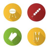 grill platt design lång skugga glyph ikoner set. bbq. vattenkokare, shish kebab, ugnsvante, tång och spett. vektor siluett illustration