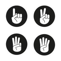 handgester ikoner set. en, två, tre och fyra fingrar upp. vektor vita silhuetter illustrationer i svarta cirklar