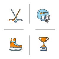 hockey utrustning färg ikoner set. hjälm, skridsko, pinnar, vinnarpris. isolerade vektorillustrationer vektor