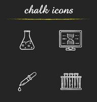 Wissenschaftslabor Kreide Icons Set. DNA-Forschung, Becherglas mit Flüssigkeit, medizinische Pipette, Reagenzglasständer. isolierte tafel Vektorgrafiken vektor