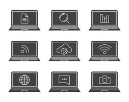 Laptops Glyphensymbole gesetzt. Silhouette-Symbole. Laptops mit WLAN-Signal, RSS, Statistik, Suche, Nachricht, Dokument, Fotokamera, Cloud-Computing, isolierte Vektorgrafik vektor