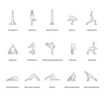 yoga utgör linjära ikoner set. sarvangasana, halasana, bakasana, uttanasana, siddhasana, vrikshasana, trikonasana, virabhadrasana. tunn linje kontursymboler. isolerade vektorillustrationer vektor