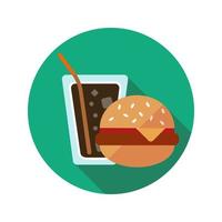 Burger und Soda flaches Design lange Schatten Farbsymbol. Fastfood. Sandwich mit Cola. Vektor-Silhouette-Abbildung vektor