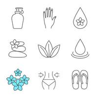 Spa-Salon lineare Symbole gesetzt. Aromaöltropfen, Creme, Frauenhand mit Maniküre, Steinmassage, lose Blätter, Blumen, Gewichtsverlust, Flip-Flops. dünne Linienkontursymbole. isolierte vektorillustrationen vektor