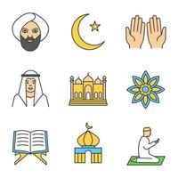 islamisk kultur färg ikoner set. muslimsk man, ramadanmåne, islamisk bön, moské, koranbok, muslimsk stjärna. isolerade vektorillustrationer vektor