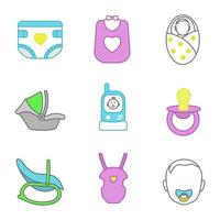 barnomsorg färg ikoner set. barnblöja, haklapp, nyfödd, bilbarnstol, radiobarnvårdare, napp, gungstol, bärväska, barnansikte. isolerade vektorillustrationer vektor