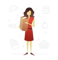 Verbraucher flaches Charakterdesign. Einkaufen. Hausfrau, die Einkäufe tätigt. Frau mit Papiertüte mit Lebensmittelprodukten. isolierte Vektorgrafik vektor