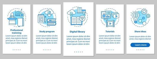 interaktiv utbildning onboarding mobil app sidskärm med linjära koncept. studieprogram, digitalt bibliotek, tutorials, dela idéer steg instruktioner. ux, ui, gui vektormall med illustrationer vektor