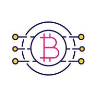 bitcoin färgikon. virtuell valuta. internet bank. bitcoin betalning. kontur symbol. mikrochipsvägar med mynt inuti. isolerade vektor illustration