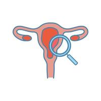 gynekologisk undersökning färgikon. undersökning av det kvinnliga reproduktionssystemet. gynekologi. livmoder, äggledare och slida med förstoringsglas. kvinnors hälsa. isolerade vektor illustration
