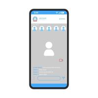 Social-Media-App-Smartphone-Schnittstellenvektorvorlage. Seitendesign für mobile Anwendungen. Geschichten aus sozialen Netzwerken. Flat-UI für Messager. Dialog, Gespräch. Telefondisplay mit Video-Content-Beitrag vektor