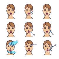 Farbsymbole für Neurotoxin-Injektion. Frauengesicht, Make-up-Entfernung, Anästhesiecreme, Falten, Lippen, Krähenfüße, Neurotoxin-Injektion, Kosmetikuntersuchung, Desinfektion. isolierte vektorillustrationen vektor
