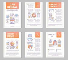 Layout der Autovermietungsbroschüre. Autovermietungen. Auto-Leasing-Optionen, Preise. Flyer, Broschüre, Broschürendruckdesign mit linearen Illustrationen. Vektorseitenlayouts für Zeitschriften, Berichte, Poster vektor