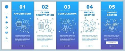 medizinischer Service beim Onboarding mobiler Webseiten Vektorvorlage. Privatklinik. Responsive Smartphone-Website-Schnittstellenidee mit linearen Illustrationen. Schrittbildschirme für die Website-Walkthrough-Schritte. Farbkonzept vektor