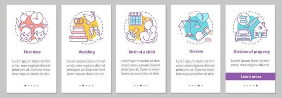 Beziehungsentwicklung Onboarding mobiler App-Seitenbildschirm mit linearem Konzept. erstes Date, Hochzeit, Geburt des Kindes, Scheidungsschritte grafische Anleitung. ux, ui, gui-Vektorvorlage mit Illustrationen vektor