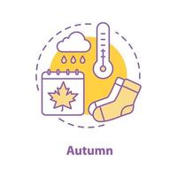 Herbstsaison-Konzept-Symbol. Regen Idee dünne Linie Abbildung. Thermometer, Socken, Kalender. regnerisches Wetter. Vektor isolierte Umrisszeichnung