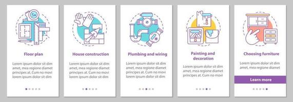 Hausbau Onboarding mobiler App-Seitenbildschirm mit Konzepten. Grundriss, Konstruktion, Verkabelung und Sanitär, Möbelschritte grafische Anweisungen. ux, ui, gui-Vektorvorlage mit Illustrationen vektor