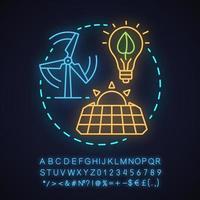 Symbol für alternatives Energie-Neonlicht-Konzept. Wind- und Solarstromsystem Idee. ökologische Stromerzeugung. leuchtendes Schild mit Alphabet, Zahlen und Symbolen. isolierte Vektorgrafik vektor