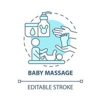 Babymassage blaues Konzept-Symbol. Reiben des Säuglingskörpers abstrakte Idee dünne Linie Illustration. Bindung zwischen Mutter und Kind. massieren, um das Baby zu beruhigen. Vektor isolierte Umriss-Farbzeichnung. bearbeitbarer Strich