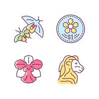 Nationaltier und Blume von Singapur RGB-Farbsymbole gesetzt. Münzen entwerfen. Schmetterlingsarten. Löwenkopfsymbol. Orchidee. isolierte Vektorillustrationen. einfache gefüllte Strichzeichnungen-Sammlung vektor