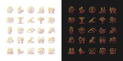 singapur nationale Symbole Farbverlaufssymbole für den dunklen und hellen Modus. Touristenattraktionen. dünne Linie Kontursymbole bündeln. isolierte Vektor-Umriss-Illustrationen-Sammlung auf Schwarz und Weiß