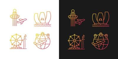 Touristenattraktionen in Singapur Farbverlaufssymbole für den dunklen und hellen Modus. Changi-Flughafen. dünne Linie Kontursymbole bündeln. isolierte Vektor-Umriss-Illustrationen-Sammlung auf Schwarz und Weiß vektor