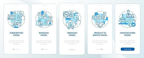Arten von Geschäftsmodellen blauer Onboarding-Seitenbildschirm für mobile Apps. Commerce Walkthrough 5 Schritte grafische Anweisungen mit Konzepten. ui, ux, gui-Vektorvorlage mit linearen Farbillustrationen vektor