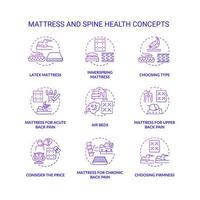 Matratze und Wirbelsäule Gesundheit lila Farbverlauf Konzept Icons Set. idee zur linderung von rücken- und nackenschmerzen dünnlinienfarbillustrationen. Matratzentypen und Materialien. Vektor isolierte Umrisszeichnungen