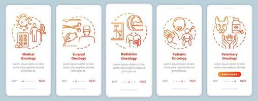 Onkologie Onboarding mobiler App-Seitenbildschirm mit Konzepten. Operation. Krebsbehandlung Walkthrough fünf Schritte grafische Anweisungen. medizinische Onkologie. ui-vektorvorlage mit rgb-farbillustrationen vektor
