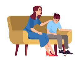 Mutter und Sohn auf Sofa halbflacher RGB-Farbvektorillustration. Frau mit Jungen auf der Couch. Familiengespräch. Übergangsalter. psychologische Beratung. isolierte Zeichentrickfigur auf weißem Hintergrund vektor