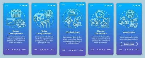 Überkonsum Onboarding Mobile App Seitenbildschirm mit Konzepten. Globalisierung, Überbevölkerung. Walkthrough für den Konsumismus 5 Schritte grafische Anleitung. UI-Vektor-Vorlage mit RGB-Farbabbildungen vektor