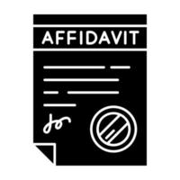 bekräftad försäkran svart glyfikon. undertecknad attesterad handling. apostille och legalisering. deklaration. juridiskt papper. notarietjänster. siluett symbol på vitt utrymme. vektor isolerade illustration