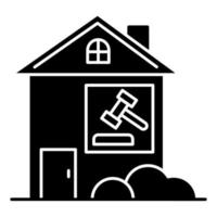 Immobilienklage schwarze Glyphe Symbol. mietrechtliche Streitigkeit. Eigentumsstreitigkeiten, Gerichtsverfahren. Immobilientest. Mietvertrag Angelegenheit. Silhouette-Symbol auf Leerzeichen. isolierte Vektorgrafik vektor