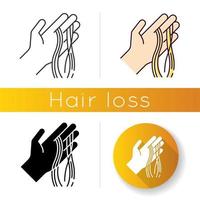 Haarsträhnen auf Handsymbol. Alopezie und Haarausfall. Dermatologie und Schönheitsproblematik. Stress- und Angstsymptom. Ausdünnung und Haarausfall. lineare Schwarz- und RGB-Farbstile. isolierte vektorillustrationen vektor