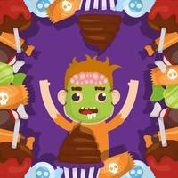 kleiner Junge mit Zombie-Verkleidung und Süßigkeiten-Charakter vektor