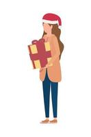 ung kvinna med julhatt och presentförpackning vektor