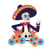 Mariachi Totenkopf mit Blumenschmuck Comicfigur vektor