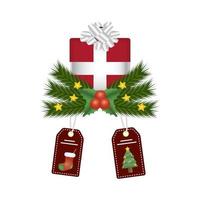 Weihnachtsgeschenkbox mit Socken- und Tannenbaumanhängern vektor
