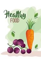 gesundes Essen Poster mit Karotten und Trauben vektor