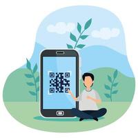 Code qr im Smartphone mit Mann und Symbolen scannen vektor