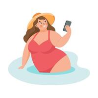 Sommer- Ferien Zeit. glücklich Frau nehmen ein Selfie mit ein Smartphone. Strand Ferien und entspannen. Konzept Illustration. vektor
