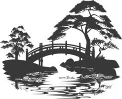 silhuett traditionell japansk trädgård med bro svart Färg endast vektor